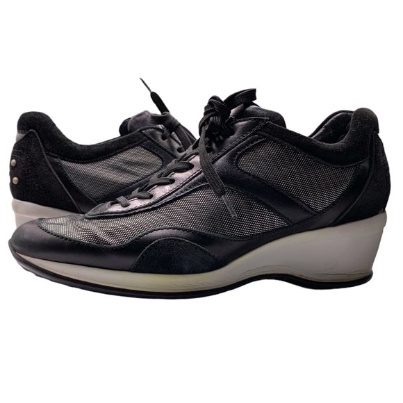 TOD'S BLACK Suede Leather White Mesh Lace-Up Heel Sneakers - Picture 3 of 11